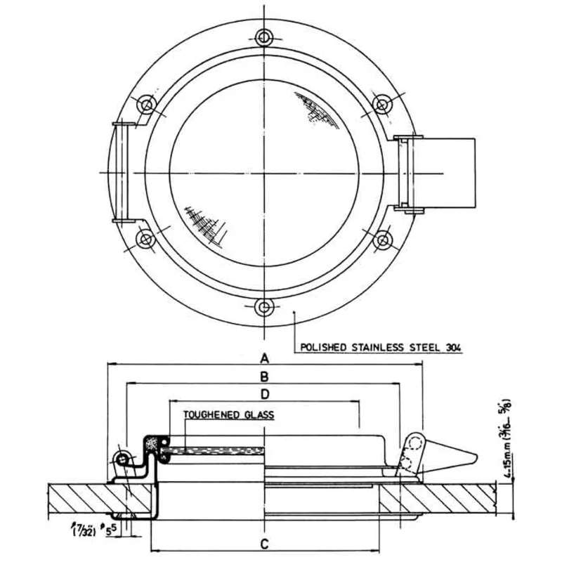 Niro Bull-Auge, Ø215mm, aufklappbares Modell mit Bruchsicherem Glas, Lochmaß Ø166mm
