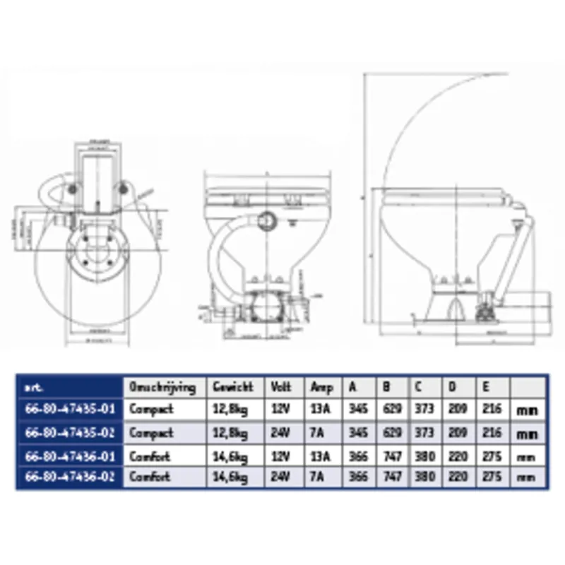 Aquat Standard Elektrische Toilette, 24v/7a, Kompakte Schüssel mit Bedienungspanel