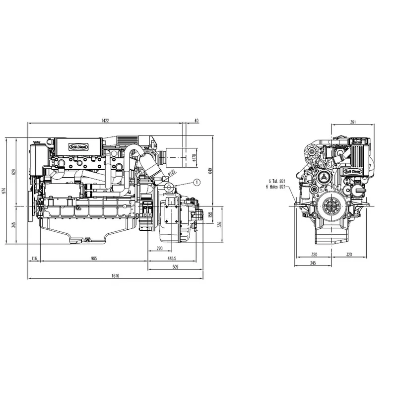 Solé Schiffsdiesel Sdz 280 Turbo & Intercooler, mit Technodrive Wendegetriebe Tm265a, R=2.30:1