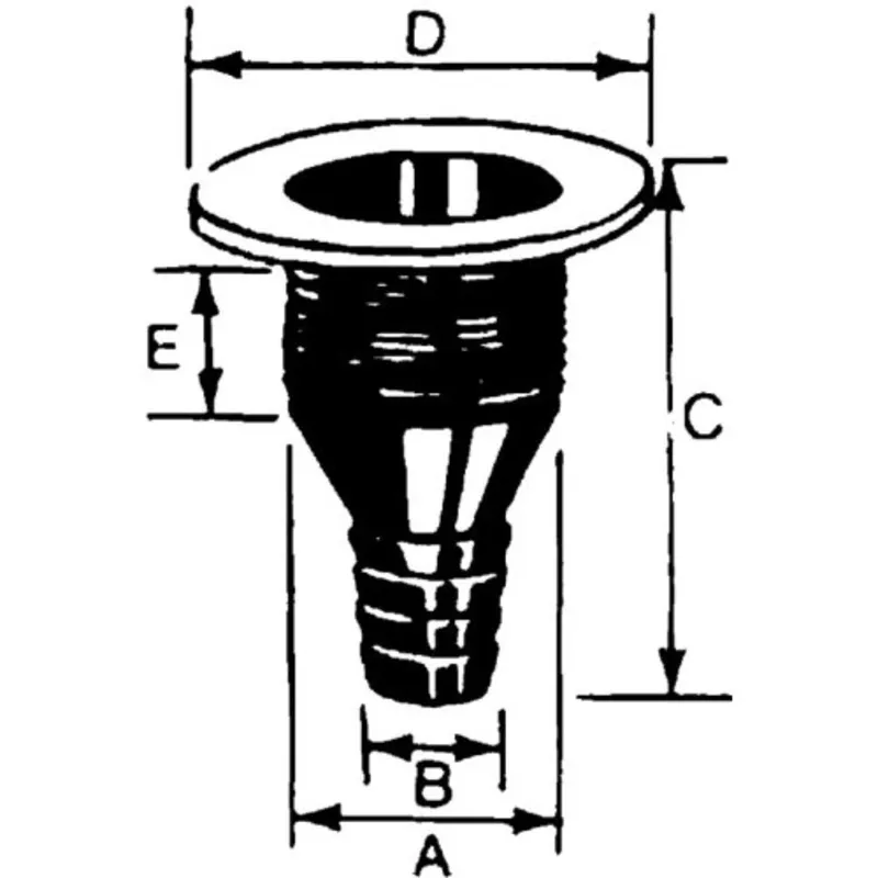 Kunststoff Borddurchlass, 1-1/4", Abm. A=46mm, B=30mm, C=95mm, D=76mm, E=55mm, Weiß
