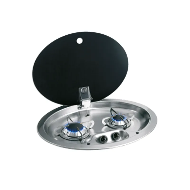 Gaskocher Oval mitt 2 Brenner Komplett mit Gehärtetem Rauchglas-Deckel, 510x390x80mm