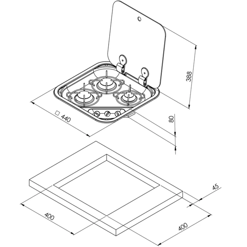 Gaskocher mit Abdeckplatte, Brenner: 1x Klein/2x mittel