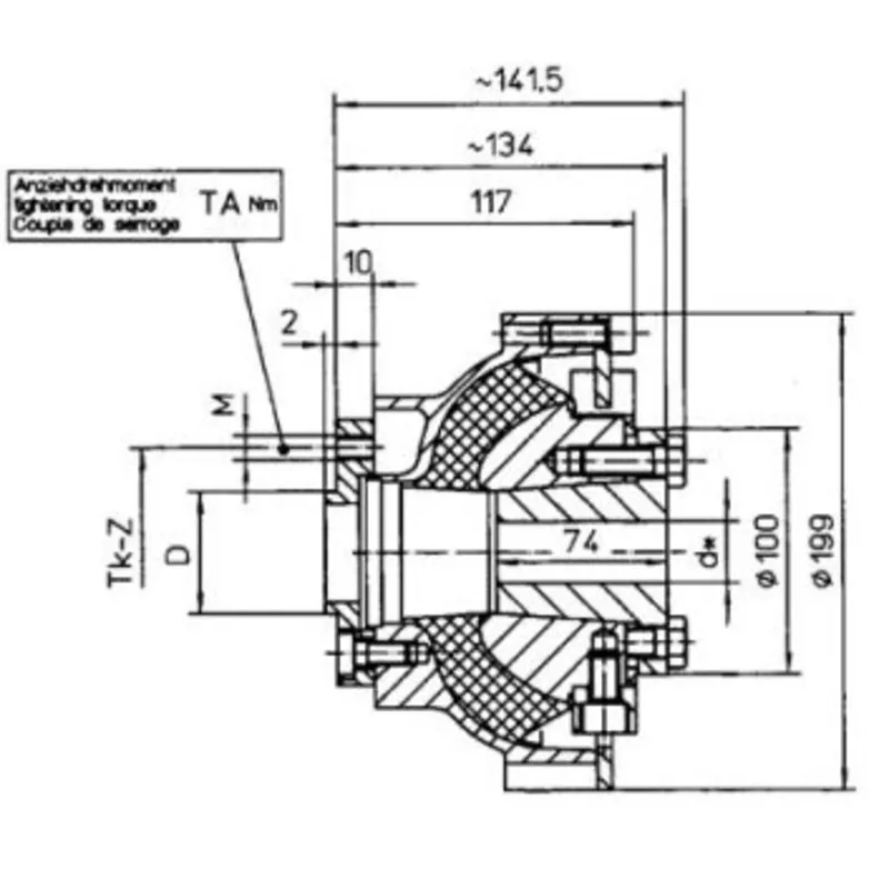 Centaflex koppeling, M-160 2.3, max. 500Nm (plezier), D=65mm, Tk=100mm, Z=4x90°, M=M10