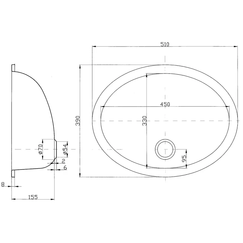 Niro Spülbecken, Oval, Außenmaß 510x390mm, Tiefe 167mm