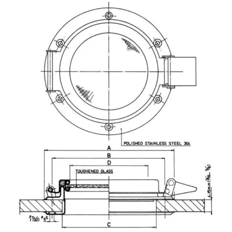 Niro Bull-Auge, Ø165mm, aufklappbares Modell mit Bruchsicherem Glas, Lochmaß Ø116mm