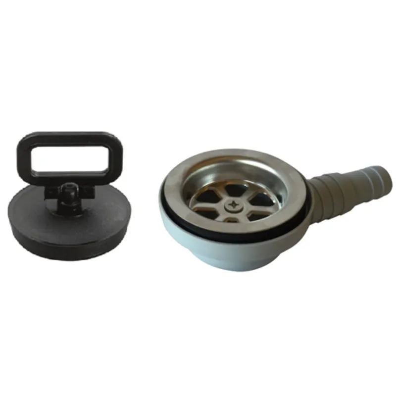 Kunststoff Rechtwinkliger Abfluß, 90° für Spülbecken, mit Niro Sieb & Gummi Stopfen, Anschluss 20 & 25mm