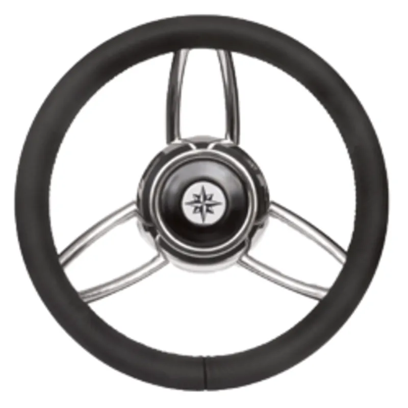 3-Speichen Steuerrad "Type 27b" Niro mit Schwarzem Vinylgriff, Ø350mm, Tiefe 60mm