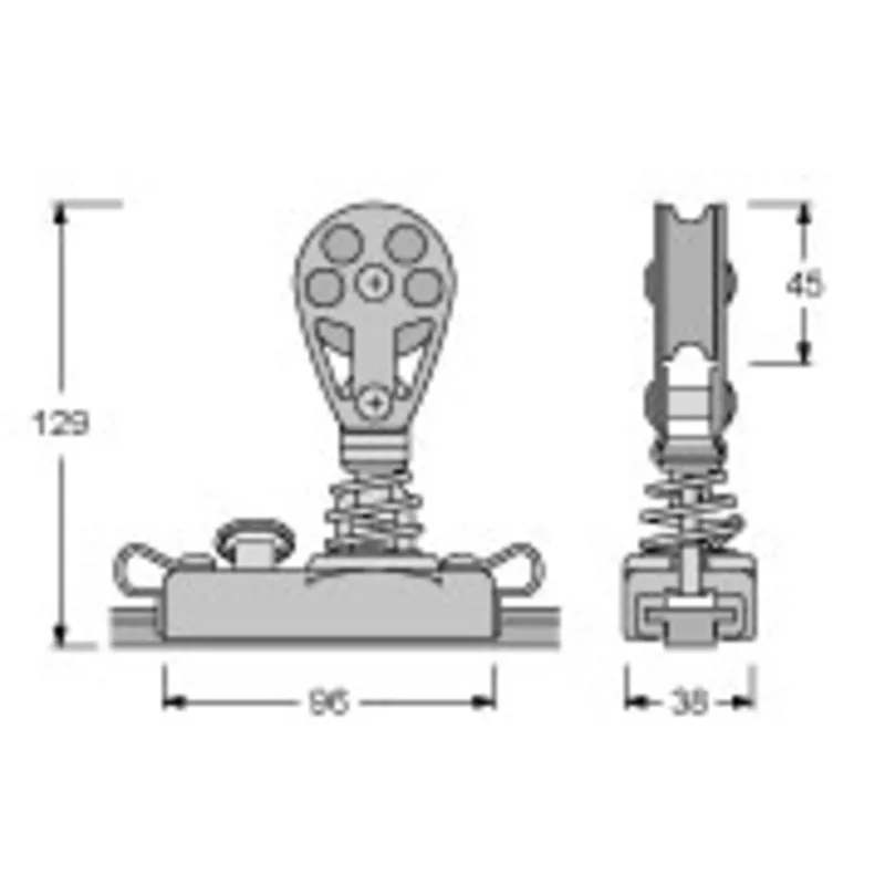 Antal Aluminium Genuaschlitten 26x4, mit Montiertem Block Ø45mm, mit Niro Feder, Arbeitslast 450kg