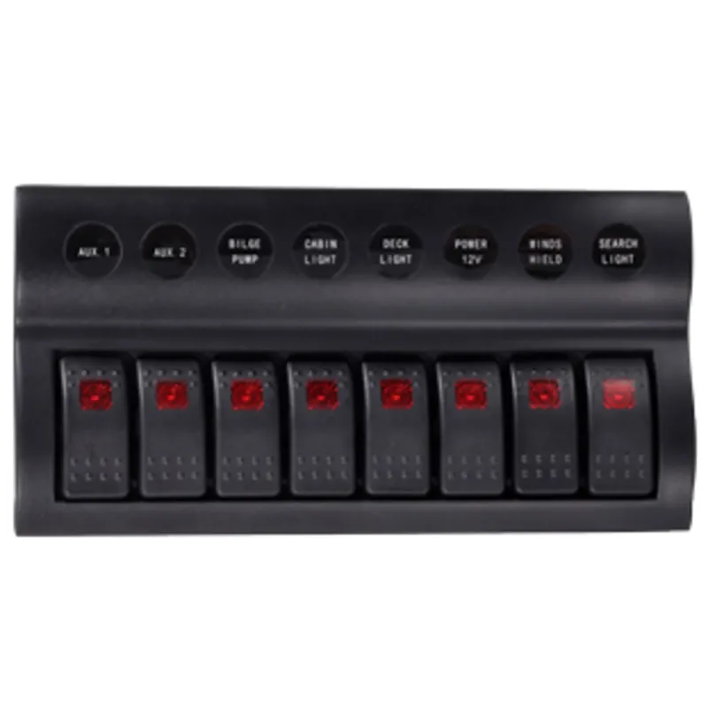 Kunststoff Schalttafel, 12v, 8-Schalter & Led-Indikator, Auto Fuse, Abm. 235x120mm, Wasserdicht, 2x5a, 3x10a, 3x15a Sicherungen