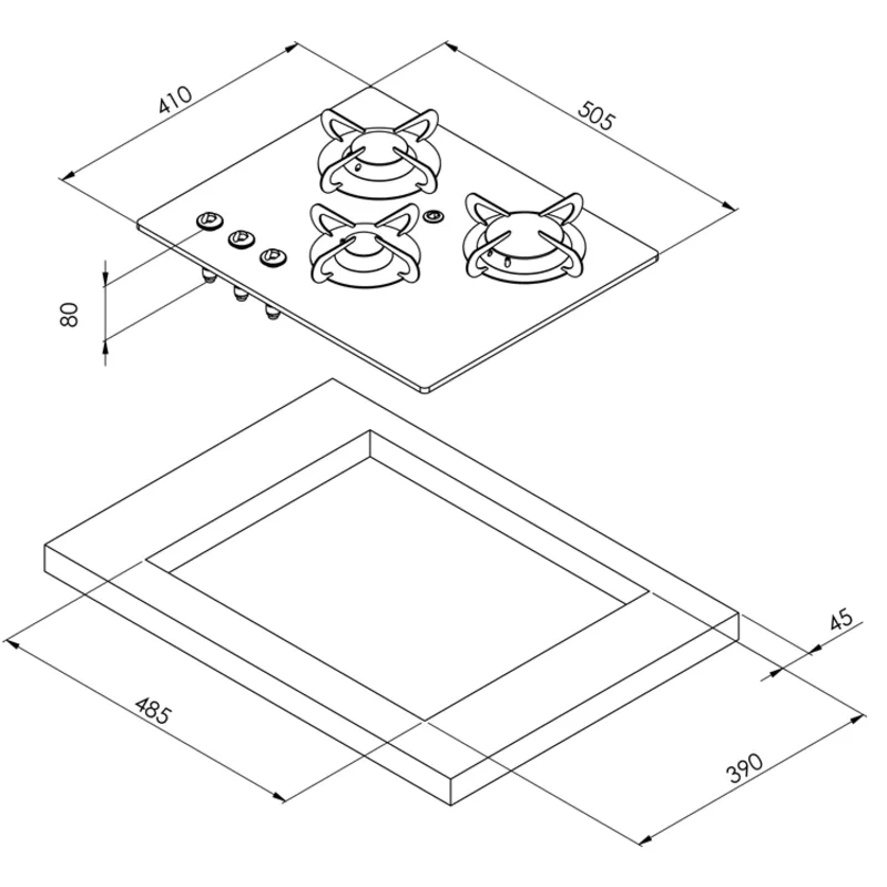 Gaskocher mit Keramik Kochplatte, 505x410x80mm, Brenner: 1x Klein/1x mittel/1x Groß