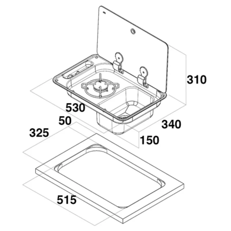 Gaskocher mit Rechteckigem Spülbecken Links und Abdeckplatte, Brenner: 1x mittel