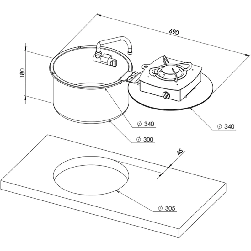 Niro Spülbecken 300x180mm mit Einklappbar Niro Gaskocher + Abdeckplatte + Hahn + 488034