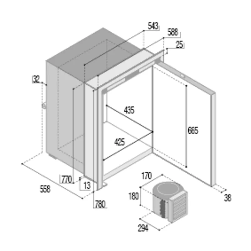 Niro Einbaukühlschrank 'Sea Steel' 'C130lx', 133l (Gefrierfach 17,1l) 12/24v, Ext. Kompressor