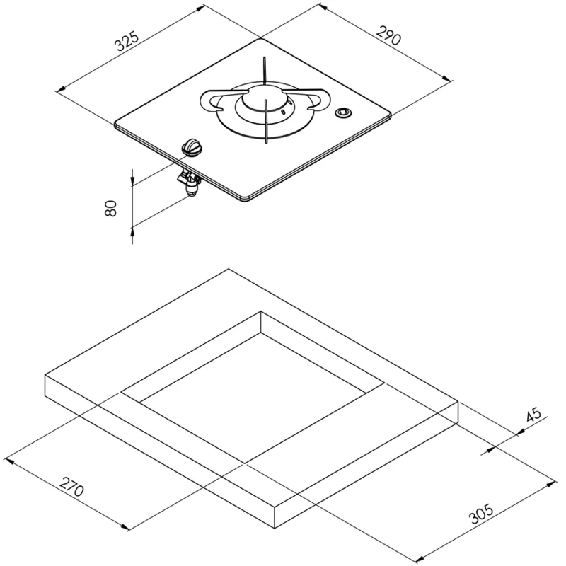Gaskocher mit Keramik Kochplatte, 325x290x80mm, Brenner: 1x mittel