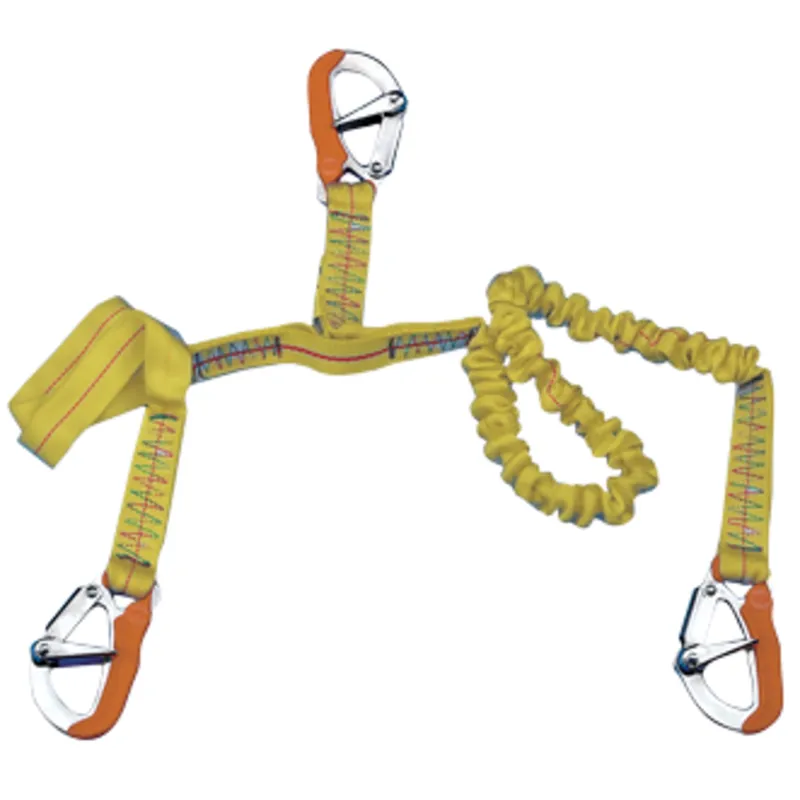 Elastische Sicherheitsleine mit 3 Niro Karabinerhaken, L=1000-1900mm + 1000mm, Gelb