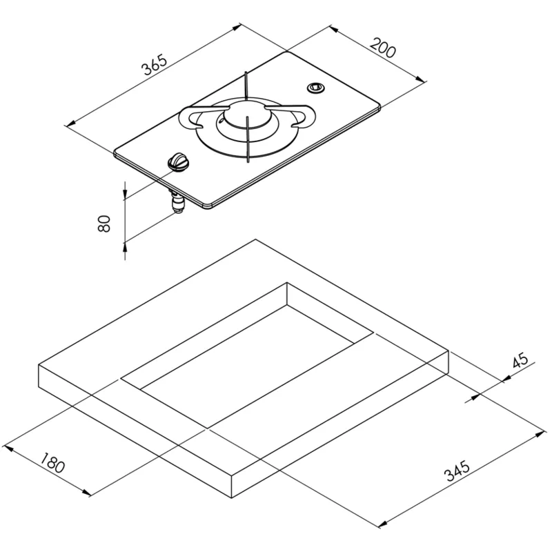 Gaskocher mit Keramik Kochplatte, 365x200x80mm, Brenner: 1x mittel