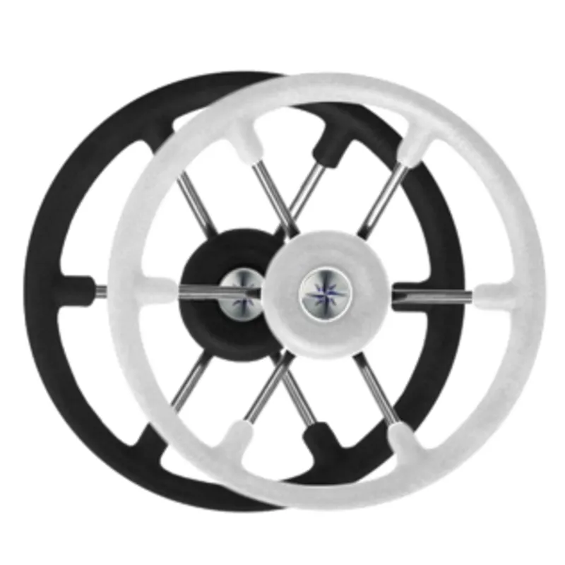6-Speichen Steuerrad 'Leader Tanegum' Niro mit Schwarzem Polyurethan Griff, Ø370mm, Tiefe 100mm