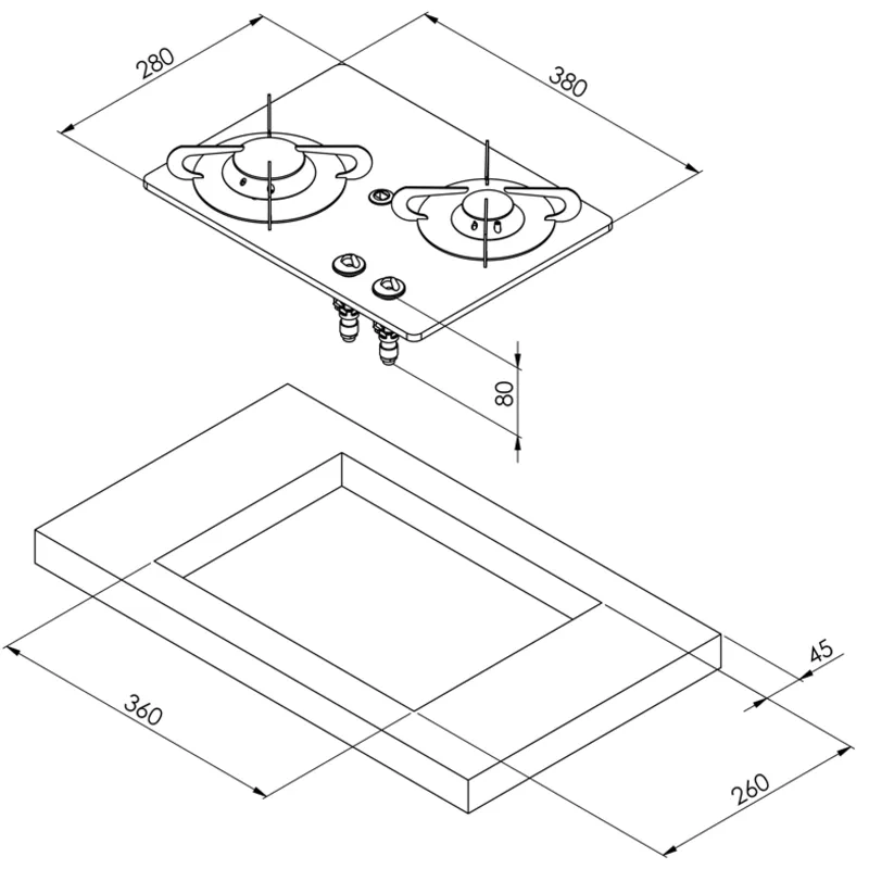 Gaskocher mit Keramik Kochplatte, 325x290x80mm, Brenner: 1x Klein/1x mittel