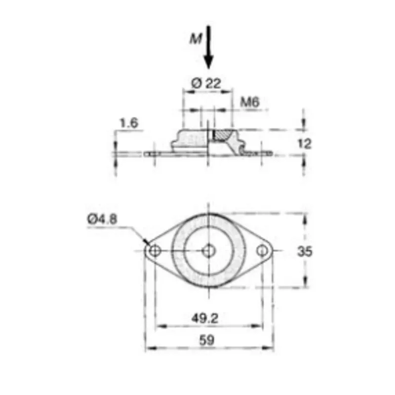Equi-Frequency Motorlager, 45° Shore, Gewinde M6, Abm. 59x35x12mm, Max. 120n (Steifheit 75n/Mm)
