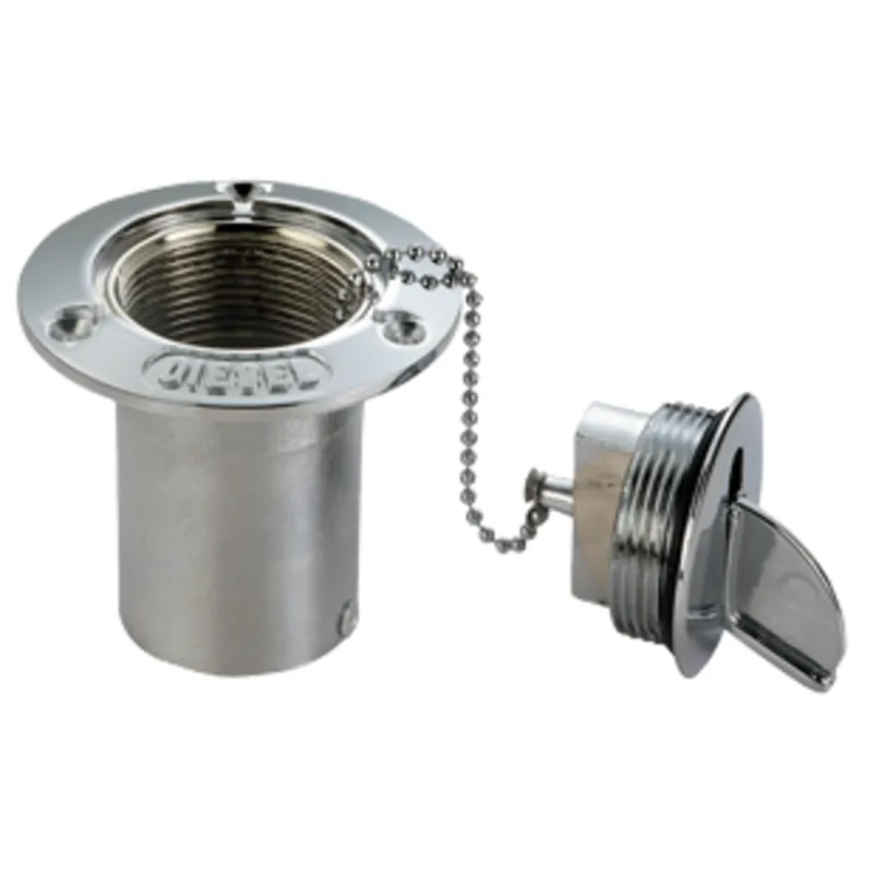 Messing-Verchromte Deckeinfüllstütze 'Diesel', Schlauchanschluss Ø50mm, Flansch Ø89mm, Lochmass Ø50mm