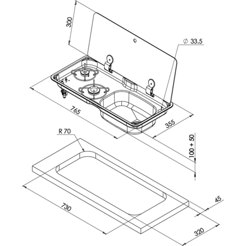 Gaskocher mit Spülbecken und Abdeckplatte, Brenner: 1x Klein/1x mittel