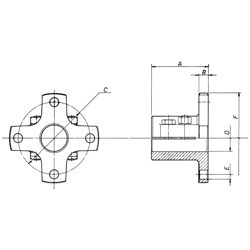 Bronzener Klemmflansch mit Zentrierrand (Kreuzförmig) für Ø25mm-Welle, Lochkreis Ø82,5mm, 4x Ø10mm