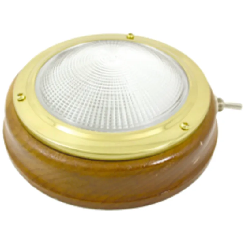 Messing Kajütlampe mit Geriffelter Linse Modell 4", Teakholz-Basis, 12v/15w, mit Schalter