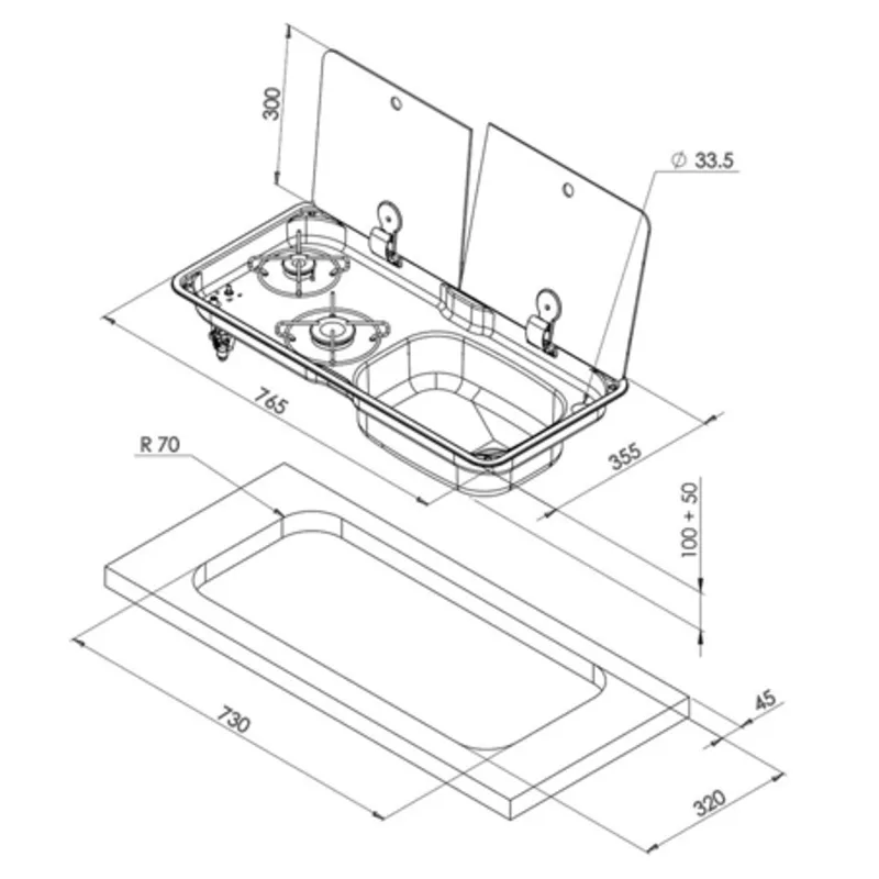 Retangular Gas -Hobit 2- Brenner mit Retangular Enke