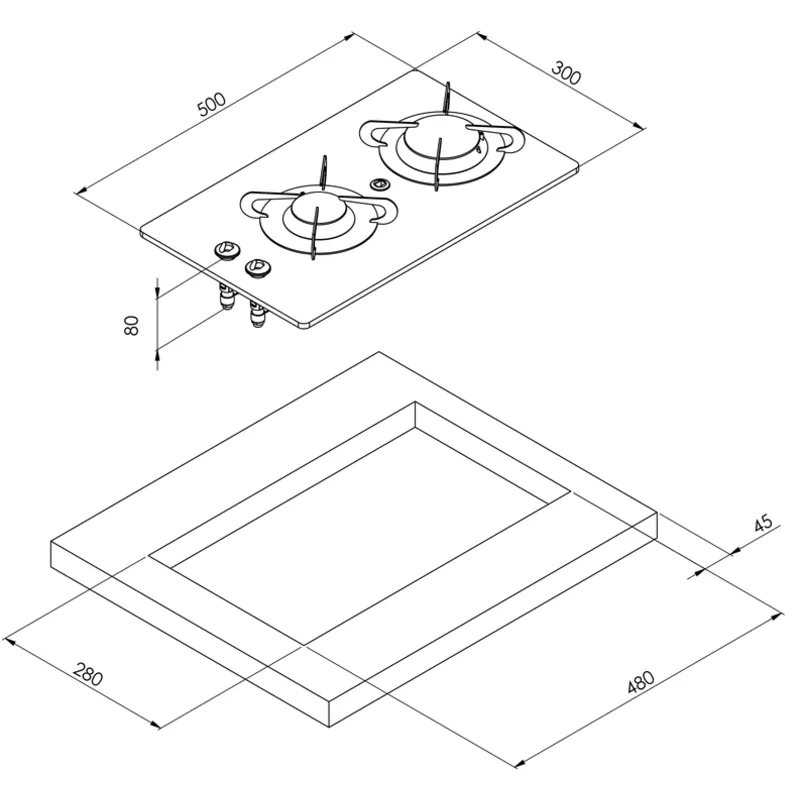 Gaskocher mit Keramik Kochplatte, 500x300x80mm, Brenner: 1x mittel/1x Groß