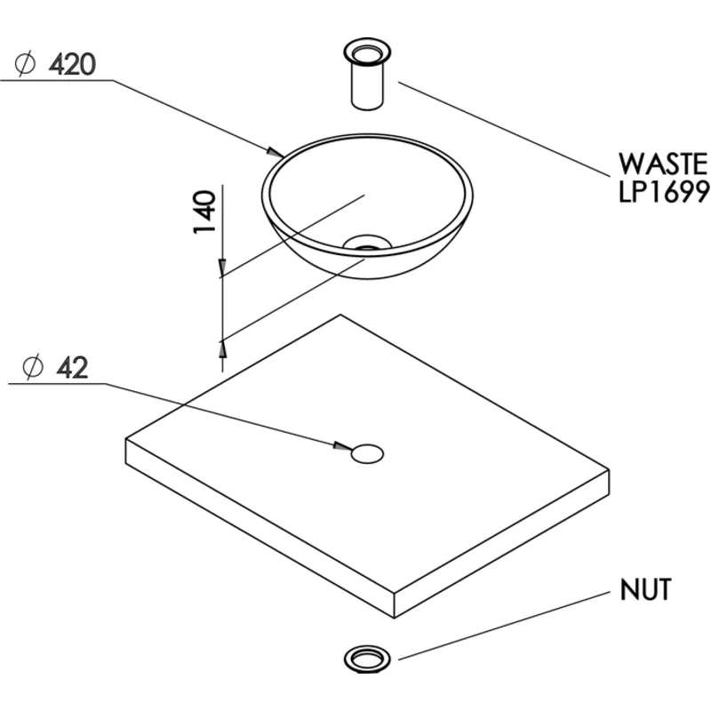 Spülbecken, Rund, Glas (Ohne Abfluß) Ø420x140mm