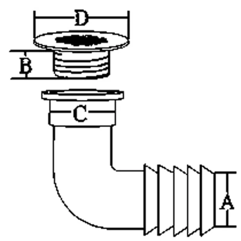 Niro Abfluss 90° mit Gitter, Abm. A=38mm, B=33mm, C=63mm, D=90mm (Plastik Krümmer)