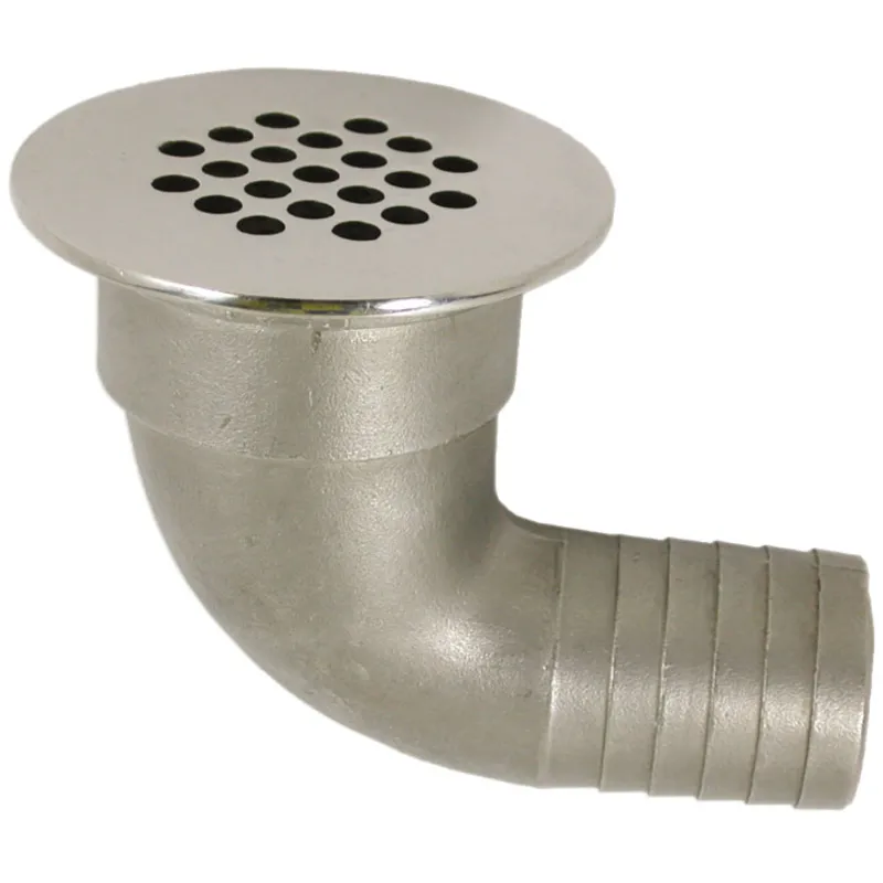 Niro Abfluss 90° mit Gitter, Abm. A=38mm, B=33mm, C=63mm, D=90mm (Plastik Krümmer)