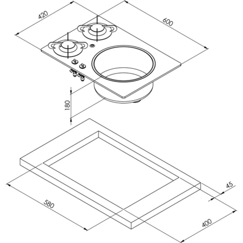 Gas-Kochfeld-Einheit 2 Brennern mit Spüle Diam. 300 Mm