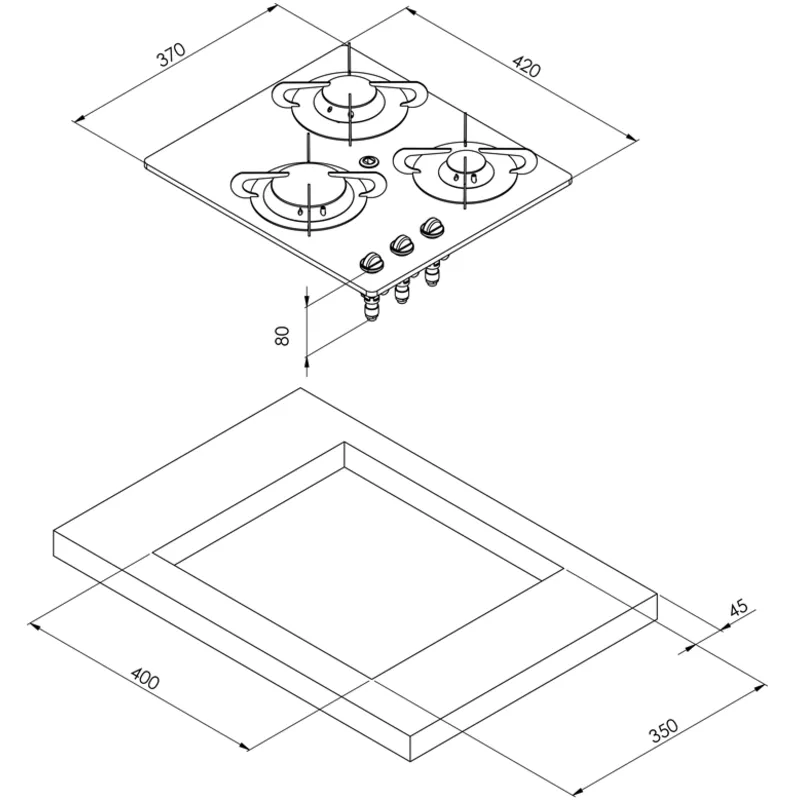 Gaskocher mit Keramik Kochplatte, 420x370x80mm, Brenner: 1x Klein/1x mittel/1x Groß