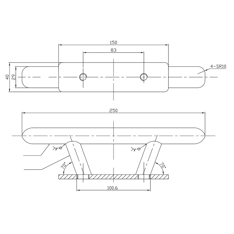 Niro Ovale Klampe, Bolzenmontage (Ø10mm), A=250mm, B=42mm, C=150mm, D=72mm, E=83mm, F=41mm