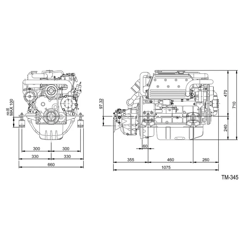 Solé Schiffsdiesel Mini 74 mit Technodrive Wendegetriebe Tm345, R=2.47:1
