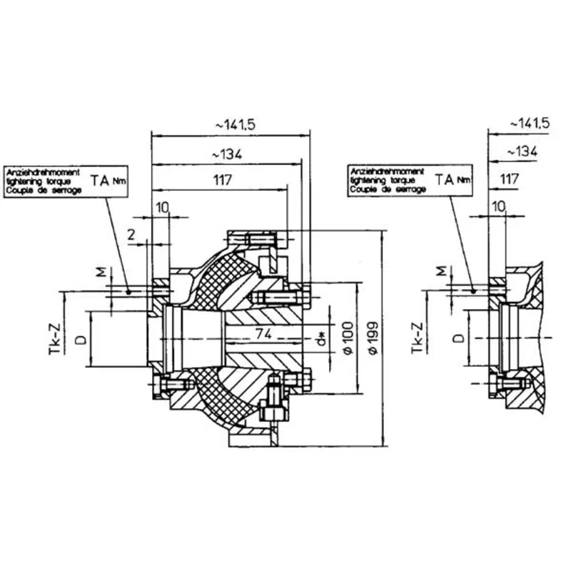 Centaflex Kupplung, M-160 2.2, Max. 500nm (Freizeit), D=50mm, Tk=78mm, Z=4x90°, M=M10