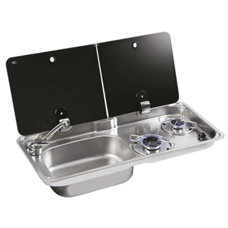 2-Flammen-Gasherd mit Kleinem, mittlerem Brenner mit Spüle(L), Geteilte Abdeckung