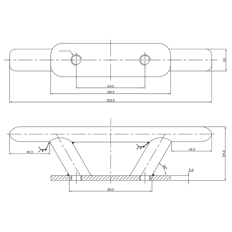 Niro Ovale Klampe, Bolzenmontage (Ø10mm), A=200mm, B=34mm, C=120mm, D=55mm, E=67mm, F=34mm