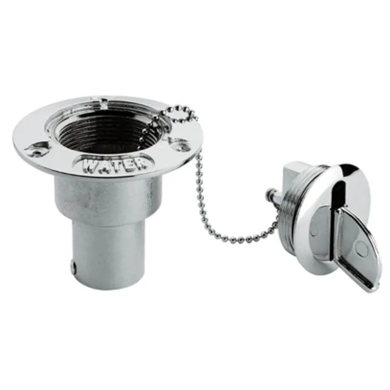 Messing-Verchromte Deckeinfüllstütze 'Water', Schlauchanschluss Ø50mm & Ø35mm, Flansche Ø89mm