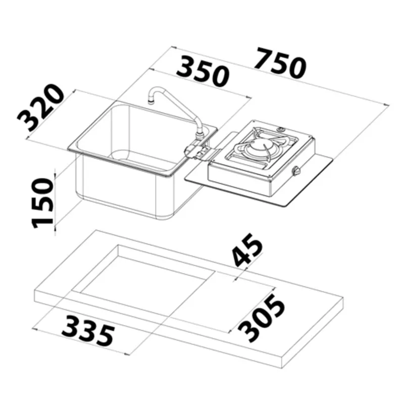 Kombi-Gasherd Aus Edelstahl mit Spüle und Klappbarem Kaltwasserhahn