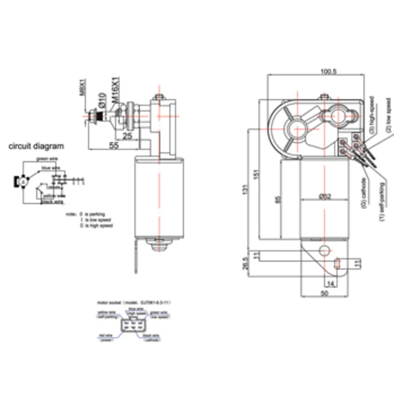Scheibenwischermotor (Zd2233aa), 2-Speed, 24v/20w, Netto Wellenlänge 53mm, Wischwinkel: Einstellbar (50-70-90-100°)