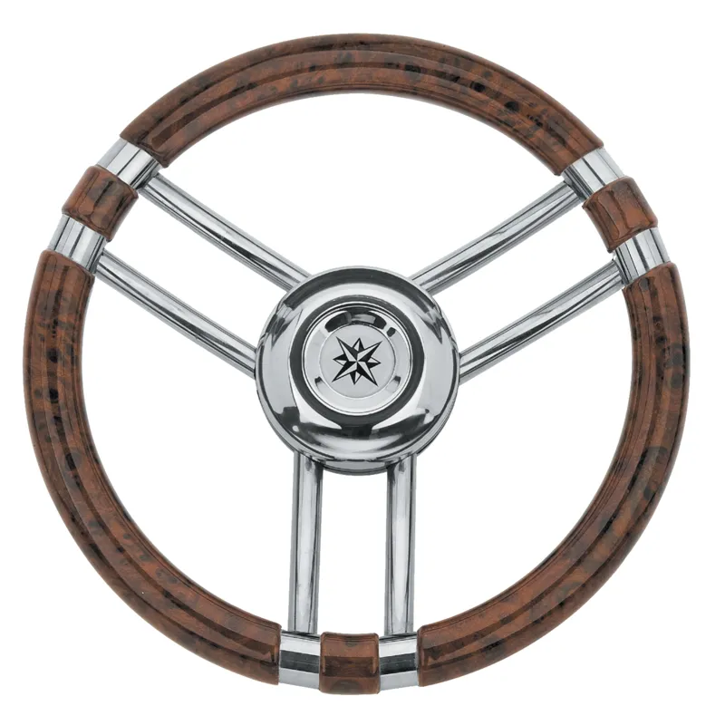 3-Speichen Steuerrad 'Modell 22' Niro mit Wurzelholz-Look Griff, Ø350mm, Tiefe 60mm