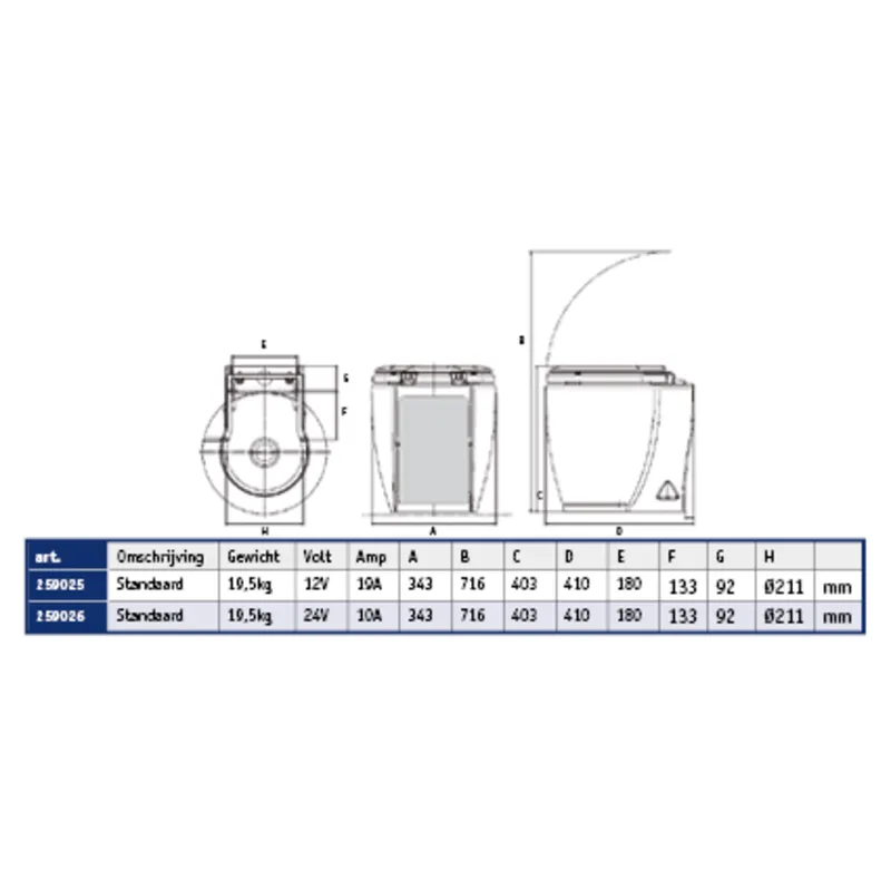 Elektrische Toilette Modell 'Laguna Standard', 24v/10a, Inkl. Bedienungspanel