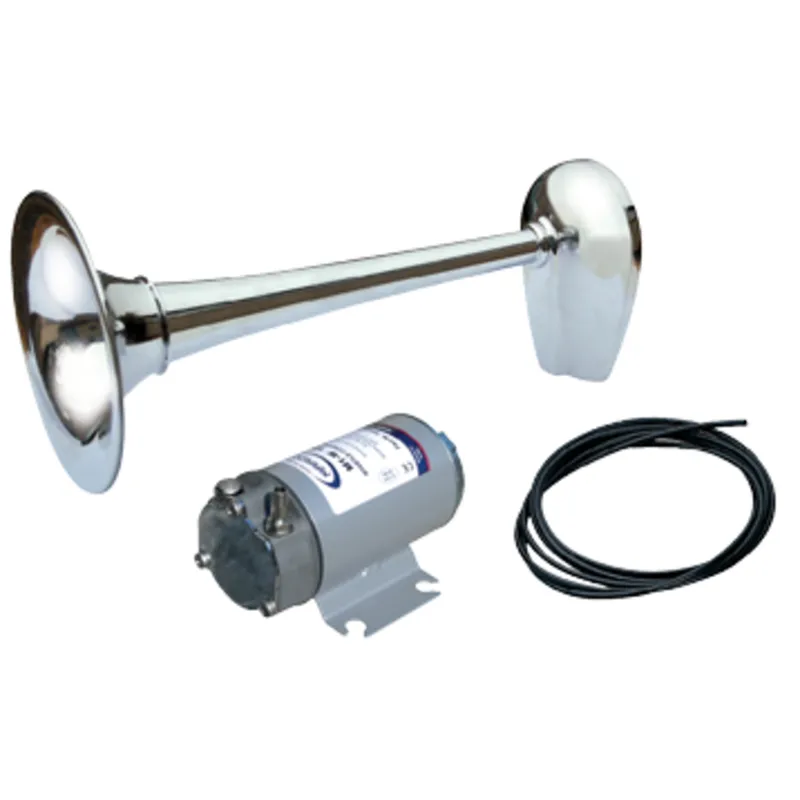 Messingverhromtes Signalhorn mit Kompressor, Einklang, Ø200mm, 12v (123db(A)-630hz) + Zulassung