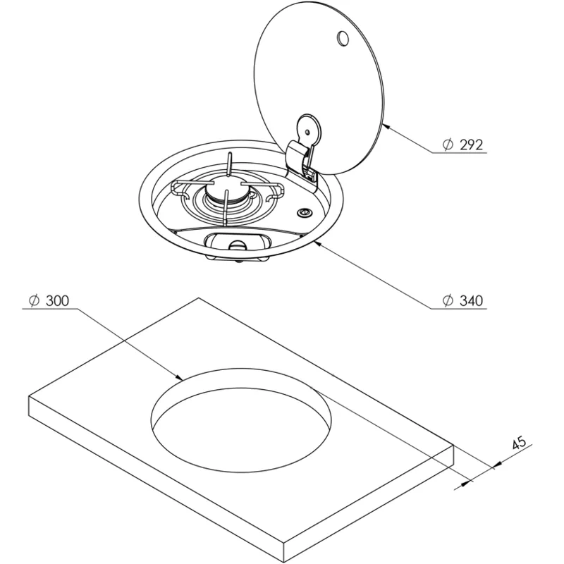 Gaskocher Rund mit 1 Brenner Komplett mit Gehärtetem Rauchglas-Deckel, Ø340x80mm