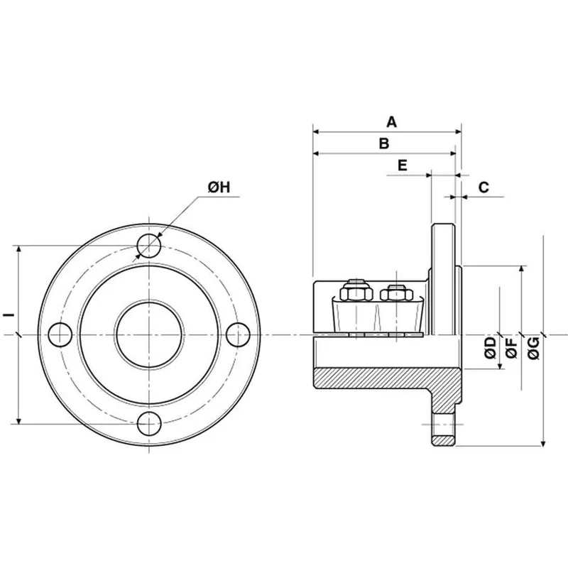 Bronzener Klemmflansch mit Zentrierrand, Ø40mm-Welle, Zentrierrand Ø63,5mm, Lochkreis Ø108mm, 4x Ø11,5mm