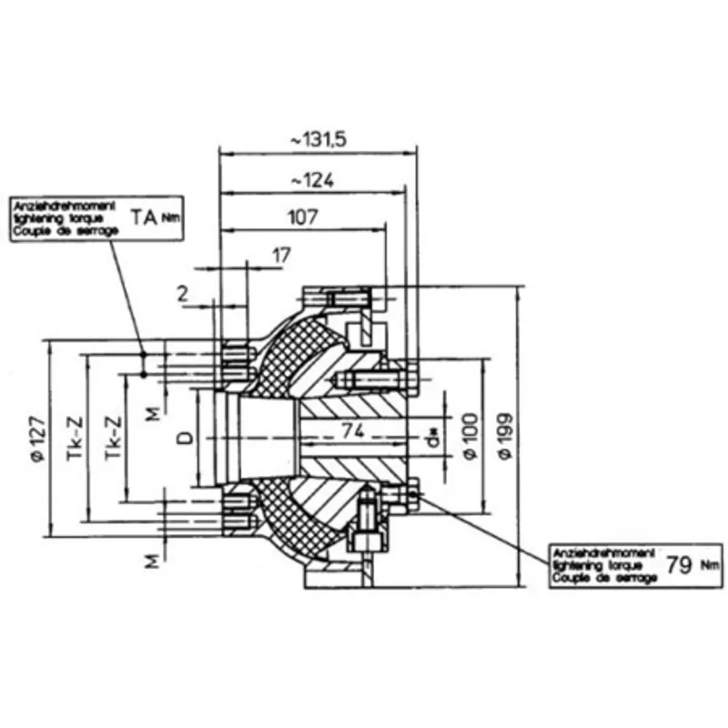 Centaflex koppeling, M-160 2.3, max. 500Nm (plezier), D=65mm, Tk=100mm, Z=4x90°, M=M10
