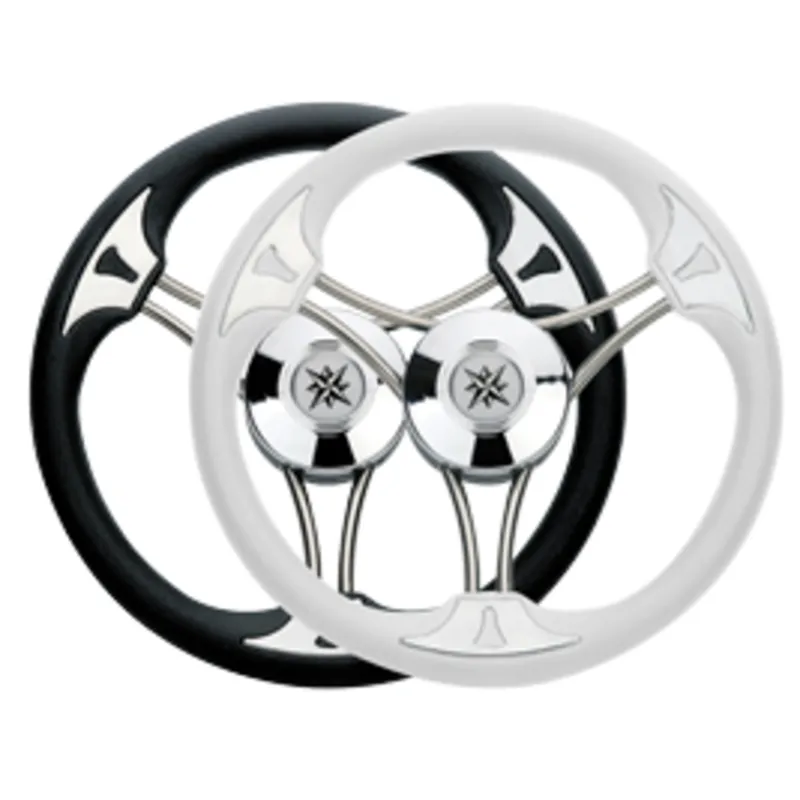 3-Speichen Steuerrad 'Modell 23' Niro mit Schwarzem Vinyl Griff, Ø350mm, Tiefe 60mm