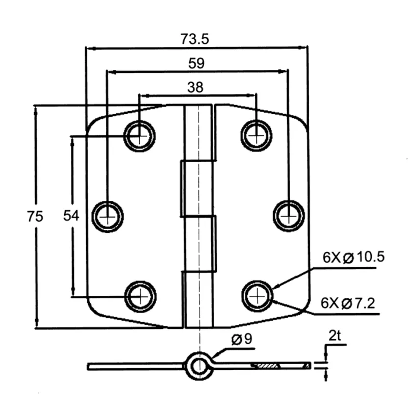 Niro Scharnier mit Abdeckung, 75x74x3mm